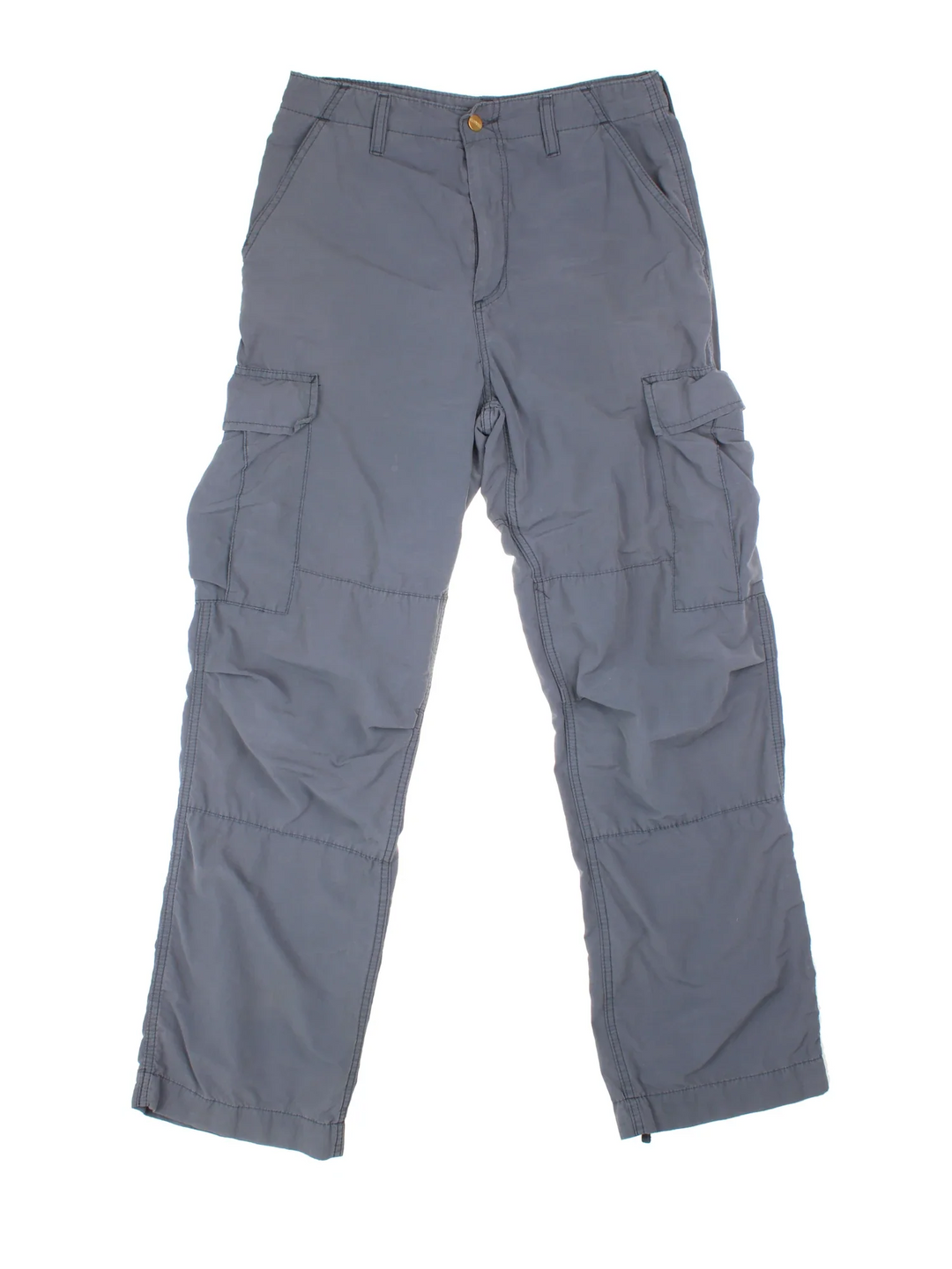 Carhartt Cargo Trouser in a grey colourway with multiple pockets and the logo embroidered on the back.