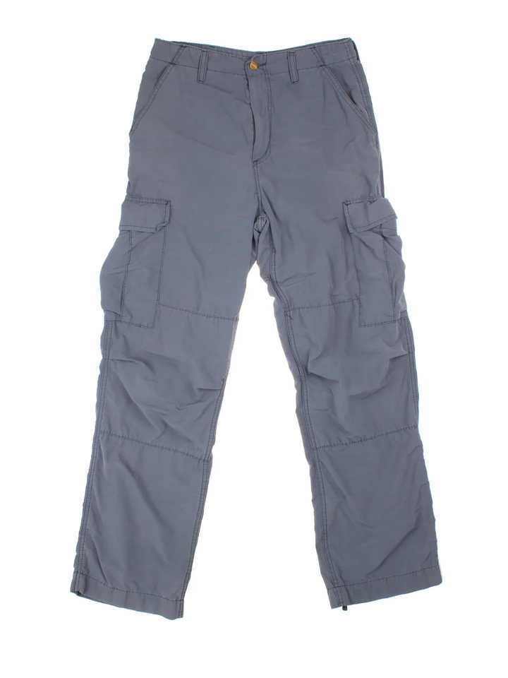 Carhartt Cargo Trouser in a grey colourway with multiple pockets and the logo embroidered on the back.