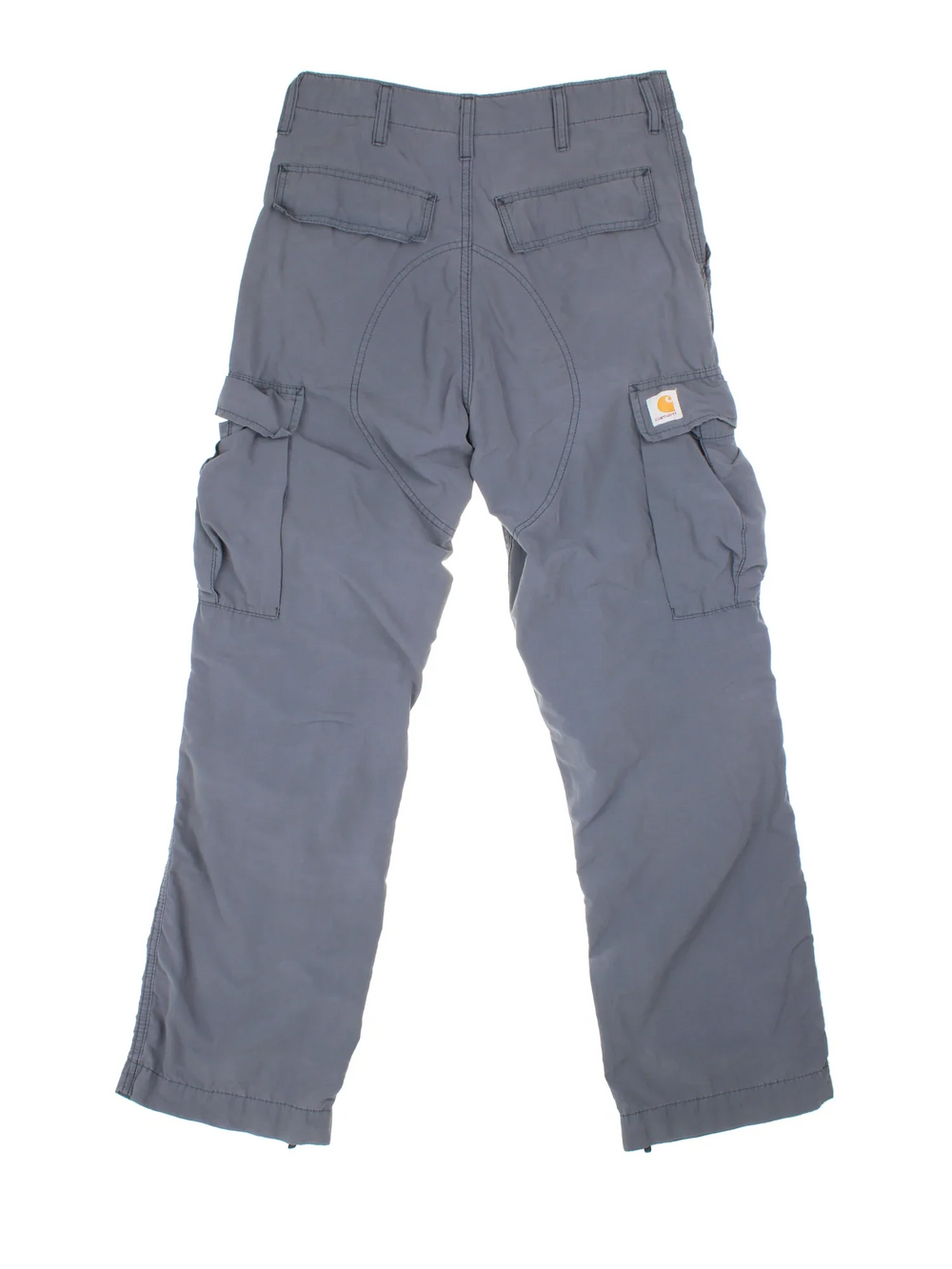 Carhartt Cargo Trouser in a grey colourway with multiple pockets and the logo embroidered on the back.