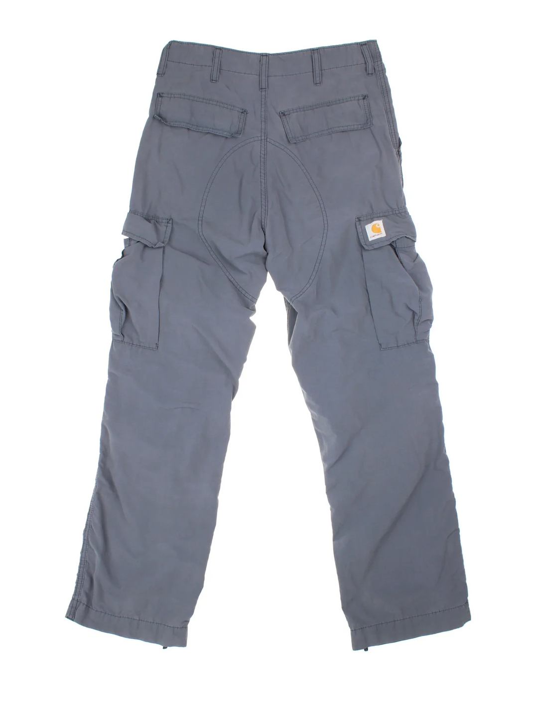 Carhartt Cargo Trouser in a grey colourway with multiple pockets and the logo embroidered on the back.