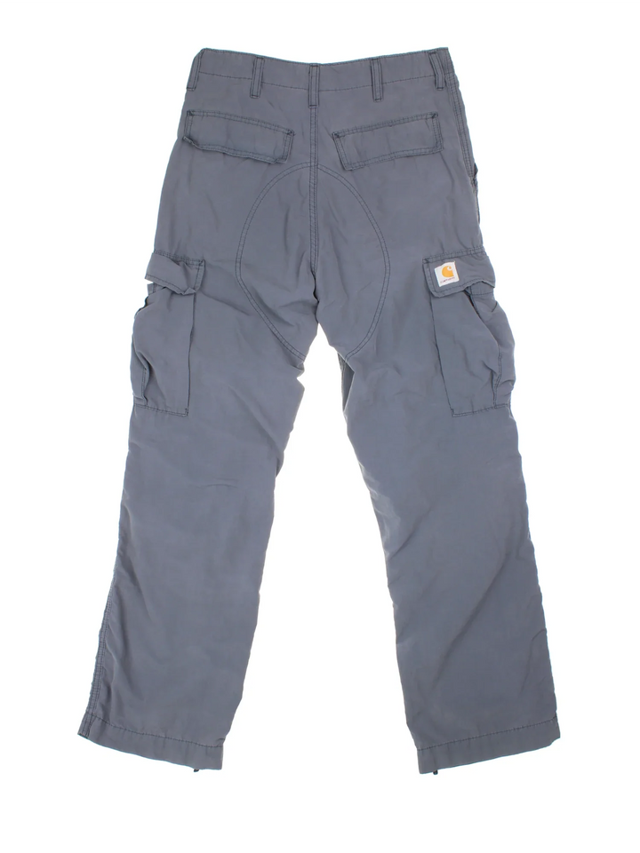 Carhartt Cargo Trouser in a grey colourway with multiple pockets and the logo embroidered on the back.
