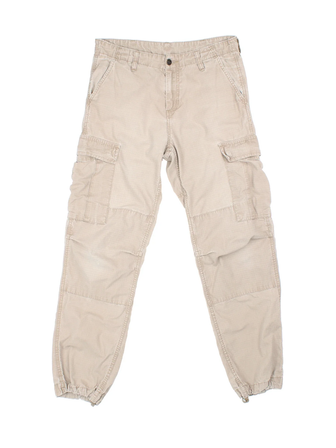 Carhartt Cargo Trouser in a tan colourway with multiple pockets and the logo embroidered on the back.