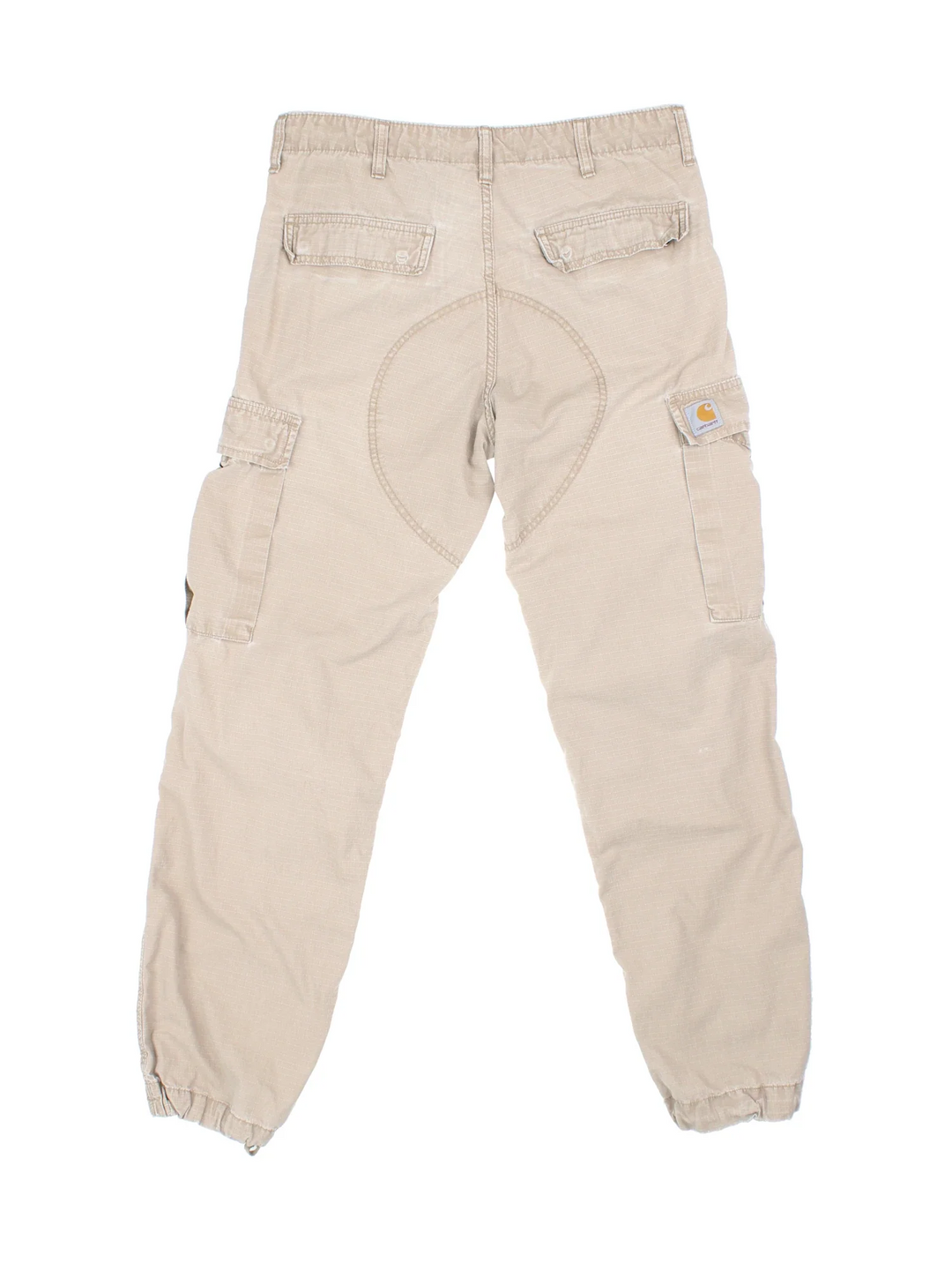 Carhartt Cargo Trouser in a tan colourway with multiple pockets and the logo embroidered on the back.
