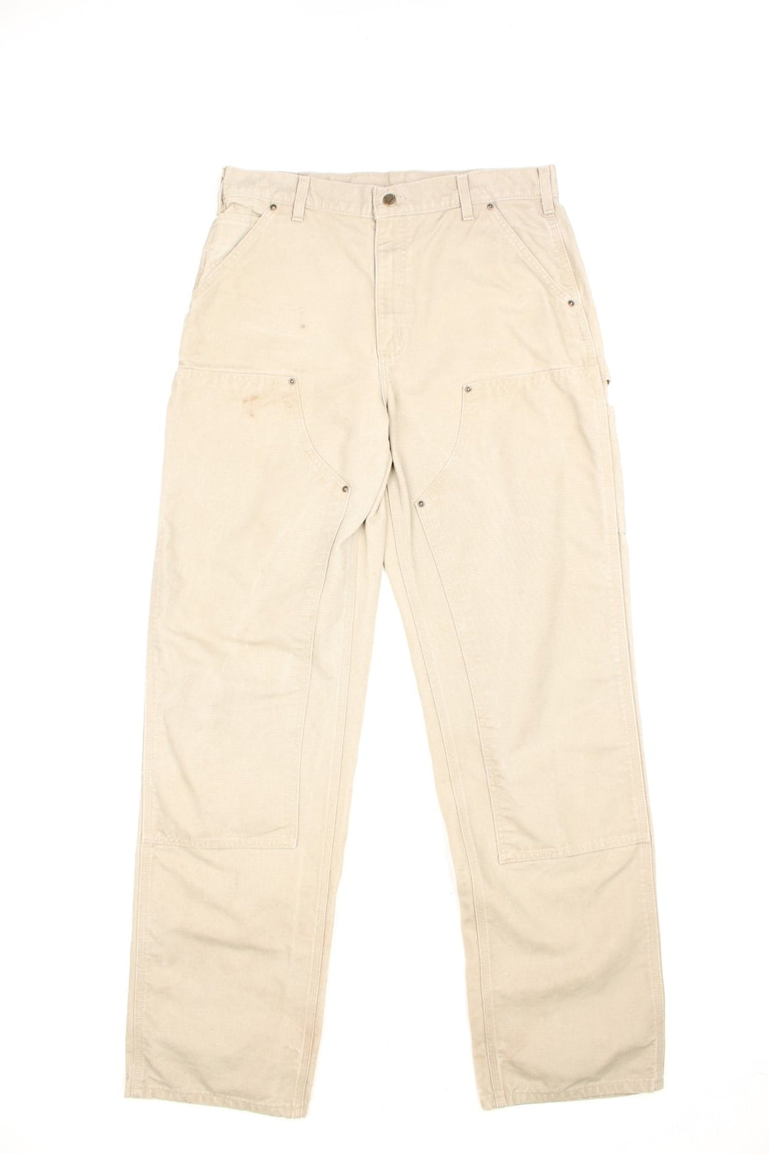 Carhartt tan dungaree fit carpenter jeans. Features double knees, multiple pockets and embroidered logo on the back.