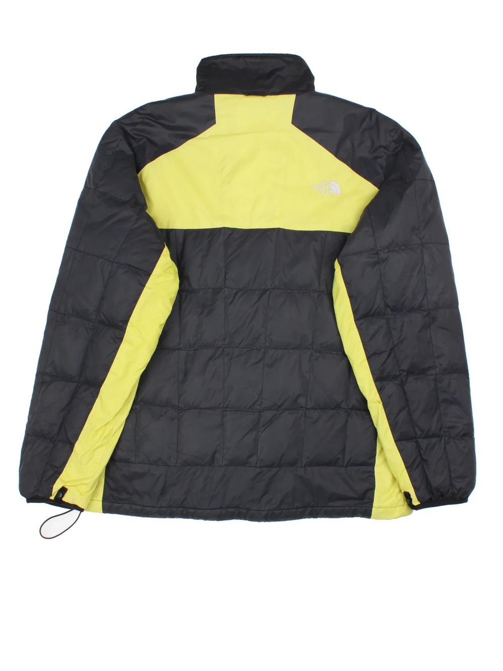 Vintage The North Face Puffer Coat in a black/yellow colourway. Zips up with side pockets, down insulated with elasticated cuffs and hems. Logo embroidered on the front/back.