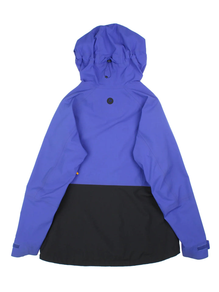 Vintage Marmot Waterproof Jacket in a blue/black colourway. Zips up with side zip pockets, hood and drawstring hem. Logo embroidered on the front and back.