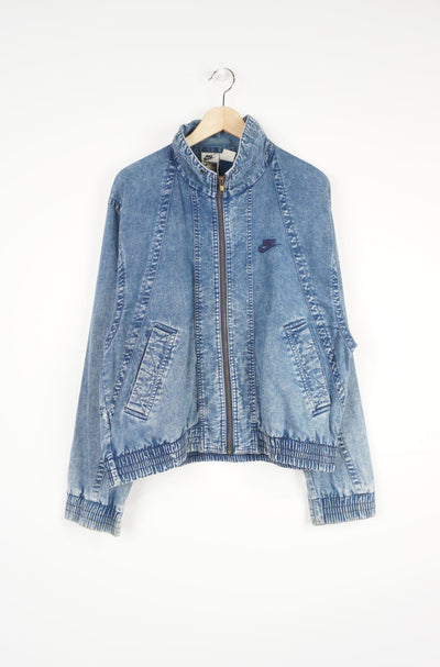 Vintage 80's style Nike Challenge Court acid washed denim zip through track jacket with embroidered swoosh logo on the chest 