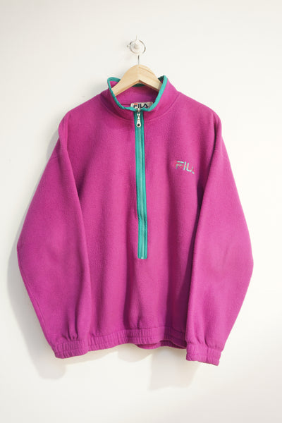 Vintage pinky purple Fila 1/4 zip fleece with embroidered logo on the chest and spell-out logo on the back