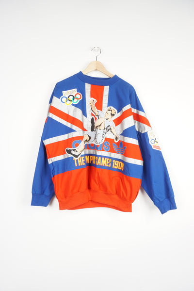 Vintage rare 1980s Adidas London 1908 Olympics cotton sweatshirt features all over embroidered Union Jack print and London skyline motif on the back