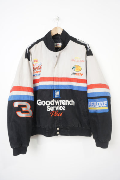 Vintage grey and black Dale Earnhardt Good Wrench Service cotton Nascar jacket by Chase Authentics. With embroidered sponsors all over