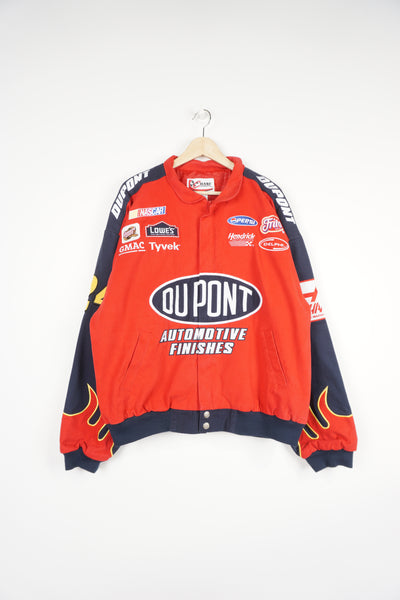 Vintage 90s Dupont red cotton Nascar jacket by Chase Authentics, features embroidered flame details and sponsors all over 