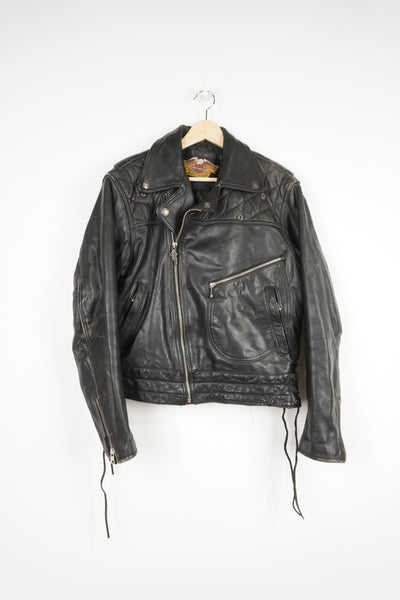 Vintage all black Harley Davidson zip through leather biker jacket with lace up details and chunky hardware