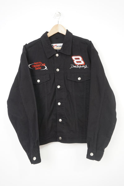 Vintage Bud Racing Dale Earnhardt black NASCAR denim Jacket with embroidered branding on the front and back