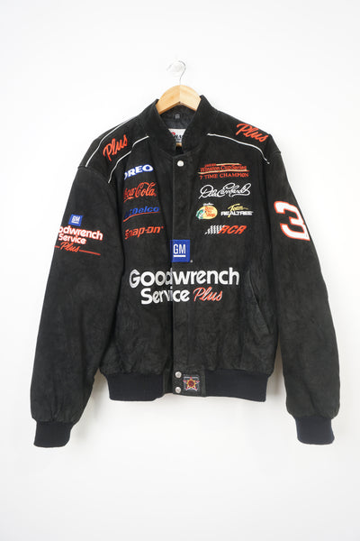 Vintage black suede Good Wrench Dale Earnhardt NASCAR Racing Jacket with embroidered branding 