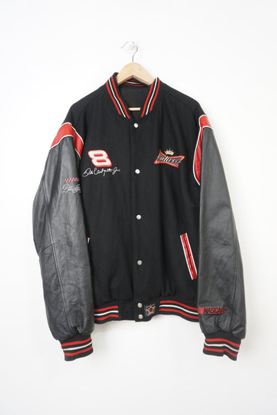 Vintage Budweiser Dale Earnhardt Jr reversible wool bomber jacket with leather arms and embroidered branding by JH Design