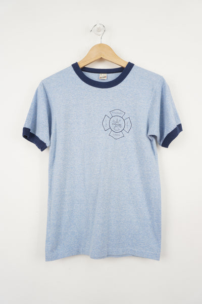 Vintage 1970's Kissimmee Florida Fire Dept all blue single stitch, ringer tee with raised lettering 