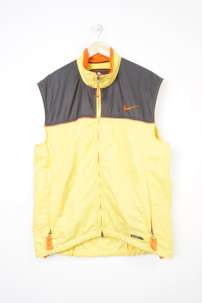 90's Nike ACG  yellow and grey zip through utility gilet with fleece lining and embroidered logo on chest and back 
