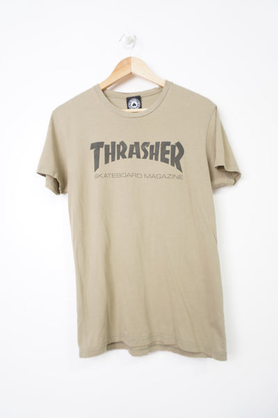 Vintage Thrasher Skateboard Magazine khaki green spell-out graphic t-shirt 