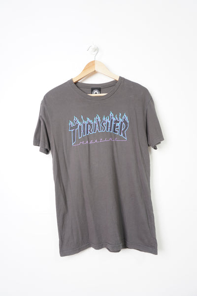 Vintage Thrasher Skateboard Magazine dark grey spell-out flame graphic t-shirt 