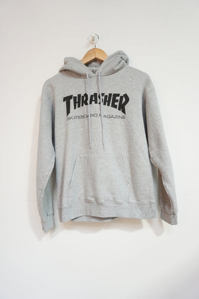 Vintage Thrasher Magazine grey long sleeve hoodie with spell-out detail on the front