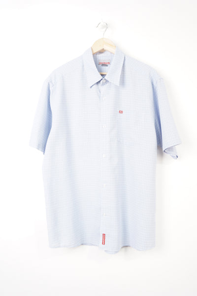 Quiksilver baby blue button up shirt with pocket and embroidered logo 
