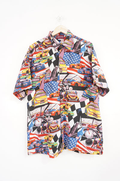 Vintage High Seas race car all over print button up cotton shirt