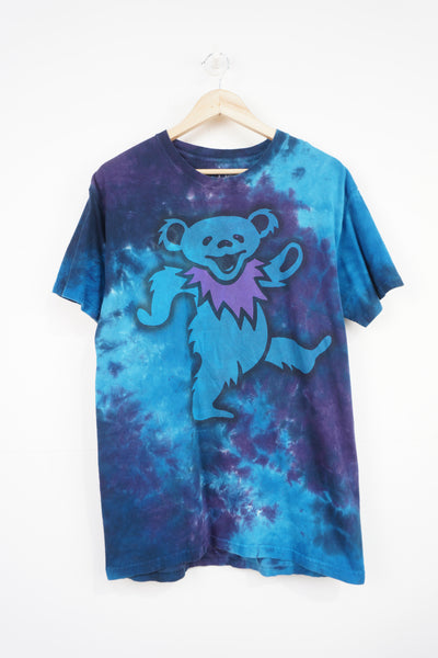 Vintage 2000 Liquid Blue, blue tie dyed t-shirt with dancing bear graphic on the front