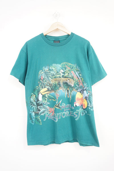 Vintage 90's green single stitch 'wake up to the rainforest' animal t-shirt by Habitat