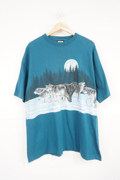 Vintage 1991 blue single stitch wolf pack t-shirt by Habitat