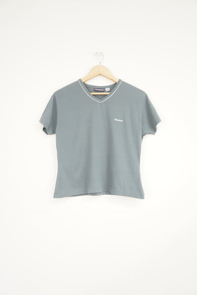Teal blue almost grey Reebok v-neck t-shirt with embroidered logo on the chest