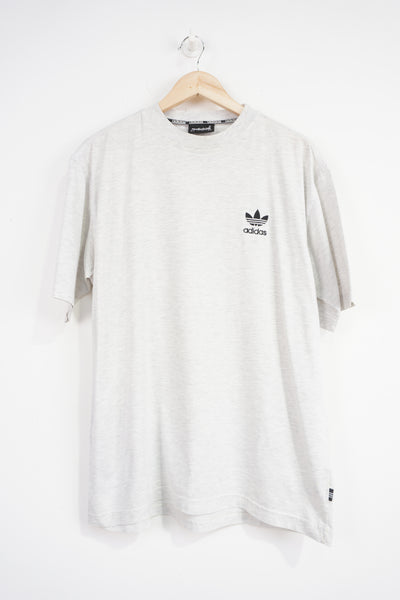 90's Adidas light grey t-shirt with black embroidered logo on chest