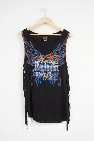 Harley Davidson all black vest with spell-out bedazzled logo on the front and tied fringe sides