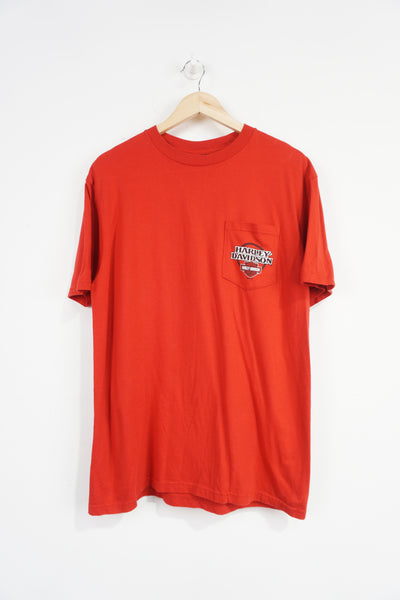 Vintage 2012 Harley Davidson Boston, MA red t-shirt with pocket and logo on front and spell-out Graphic on the back