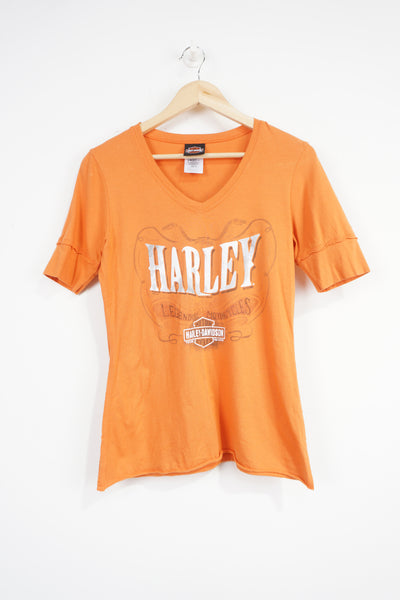 2015 Harley Davidson orange v neck t-shirt with spell-out and graphic on the front and back