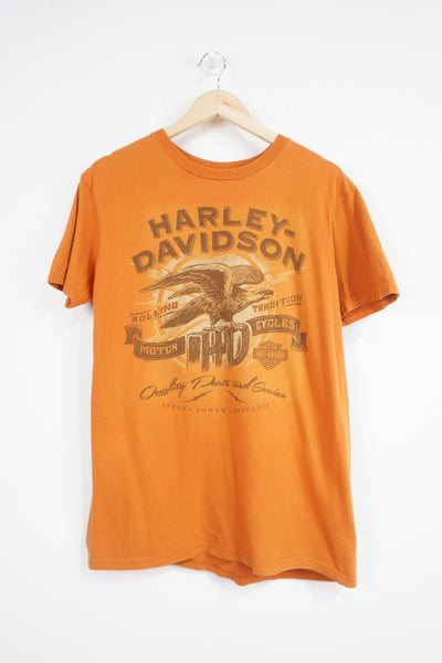 Harley Davidson orange t-shirt with spell-out and graphic on the front and back