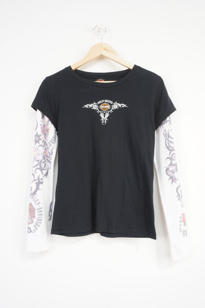 Vintage Harley Davidson 2005 baseball t-shirt with spell-out graphics and tattoo style print down the sleeves