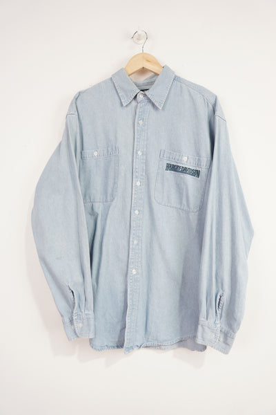 Harley-Davidson light blue denim button up shirt with embroidered spell-out logo on the chest