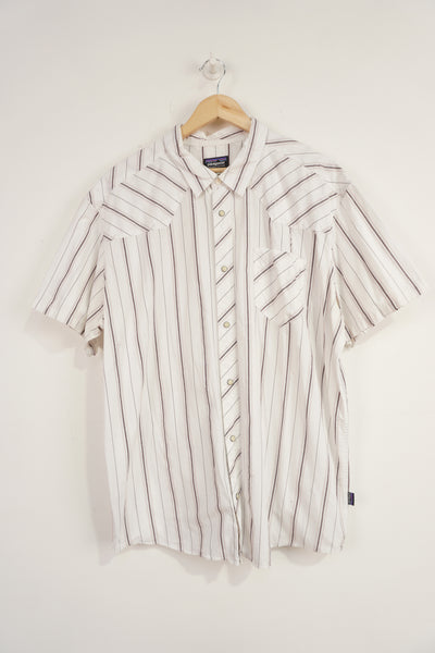 Patagonia white striped organic cotton button up shirt with pearl effect popper buttons