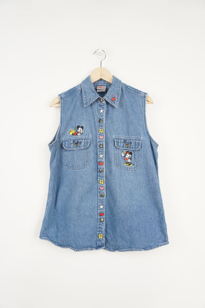 Vintage Disney's Minnie and Mickey button up denim vest jacket with embroidered details on the front and back