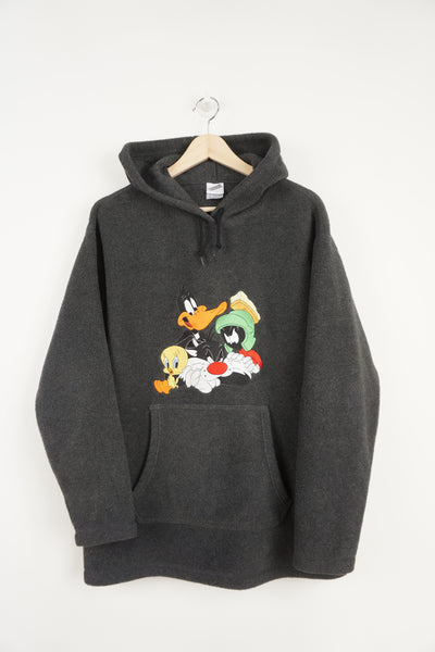 Vintage Warner Bros: Looney Tunes grey fleece hoodie with embroidered characters on the chest
