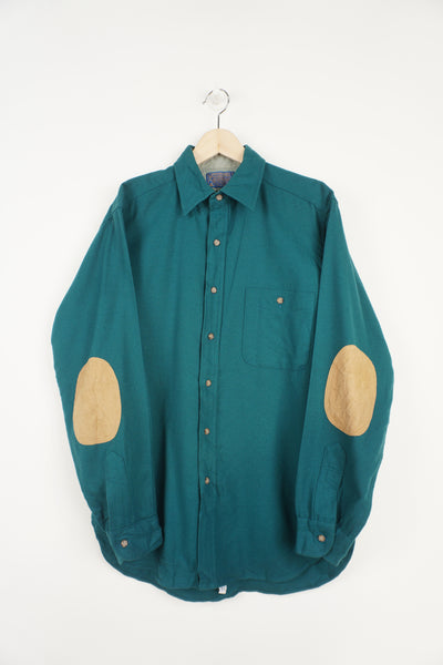 Vintage Pendleton teal green pure wool button up shirt with chest pocket and elbow patches