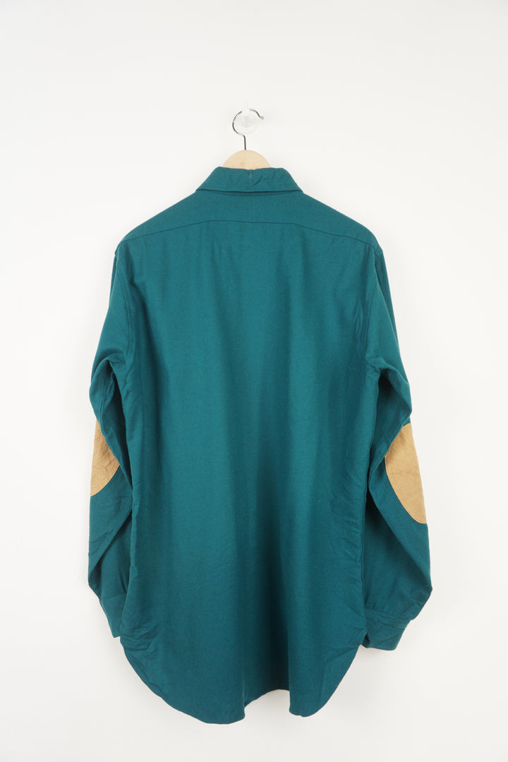 Vintage Pendleton teal green pure wool button up shirt with chest pocket and elbow patches