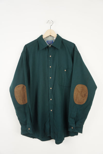 Vintage Pendleton forest green pure wool button up shirt with chest pocket and elbow patches