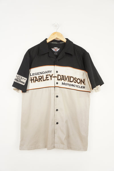 Harley Davidson grey and black button up cotton shirt with embroidered spell-out logos and badges
