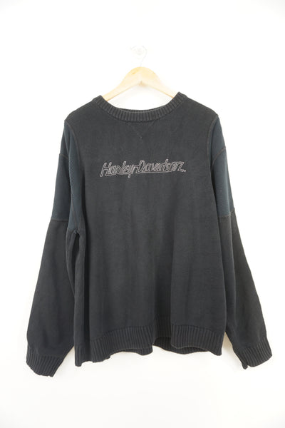 Harley Davidson black cotton knit jumper with embroidered spell-out details on the front and back
