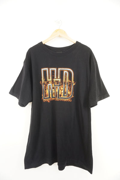 00's Harley Davidson Mason City black t-shirt with printed graphics on the front and  back