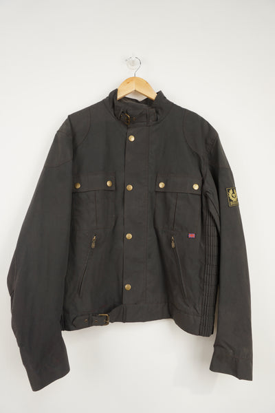 Belstaff grey Trial Master Trophy Jacket with logo on the sleeve, red satin lining and buckle details