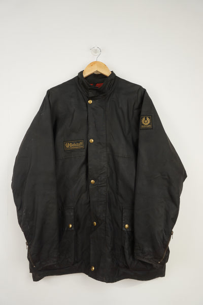 Vintage Made In England Belstaff Trial Master Two Fifty black wax jacket with Belstaff logo on sleeves, red quilted lining