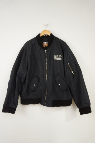Harley Davidson black nylon bomber jacket with embroidered spell-out details on the back and chest 