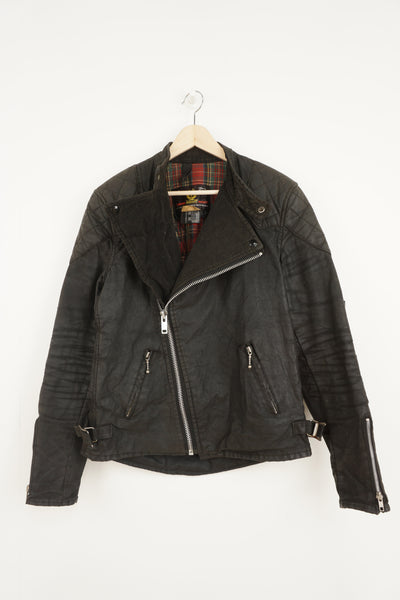 Vintage Made In England Belstaff 'Rebel' black wax jacket with badge on sleeves, plaid lining and belt detail